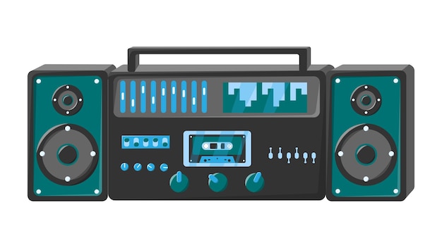 Oude isometrie retro groene vintage muziek cassetterecorder met magneetband op spoelen en luidsprekers uit de jaren 70 80 90 mooie icoon vector illustratie