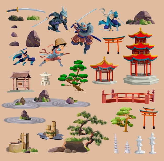 Oude japan cultuur objecten grote set met pagode tempel ikebana ninja samuraijapanese girlbonsai bomen stenen tuin Japanse lantaarn gieter Japan vector set collectie