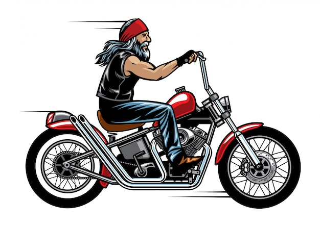 Oude man biker chopper motorfiets rijden