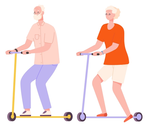 Oude man en vrouw rijden scooters Actieve senior levensstijl geïsoleerd op een witte achtergrond
