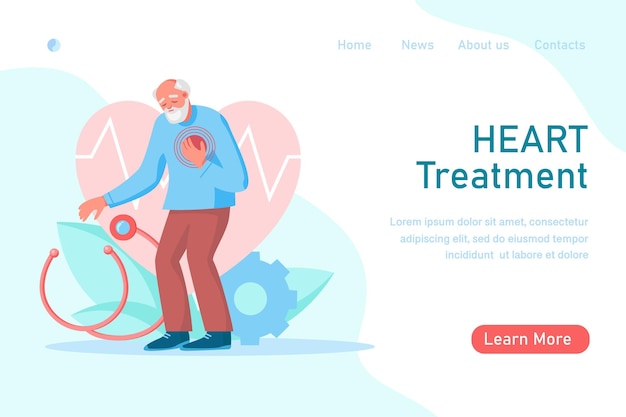 Oude man met hartpijn, aanval op zijn borst. hartbehandeling, gezondheidszorg en ziekte diagnostisch concept. platte vectorillustratie. ontwerp voor banner, bestemmingspagina, webachtergrond, flyer