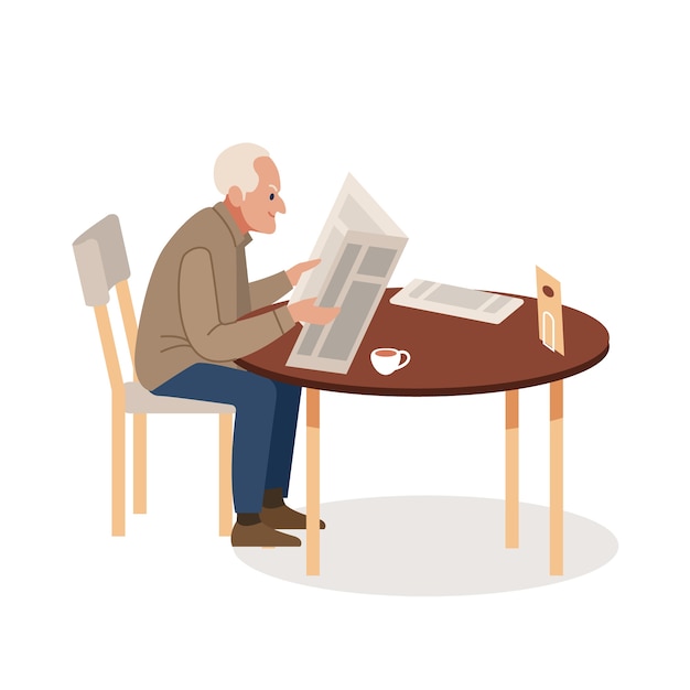 Oude man met krant en koffie
