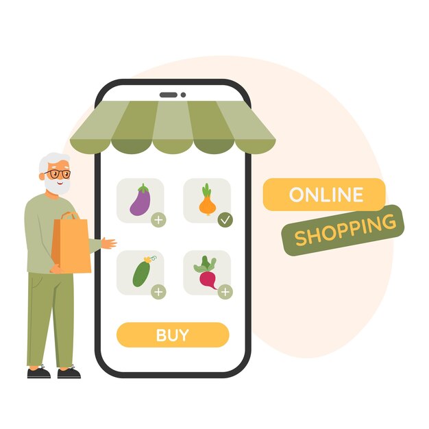 Oude mannelijke klant die groenten kiest op een website Online-service Vector-illustratie in platte stylexD