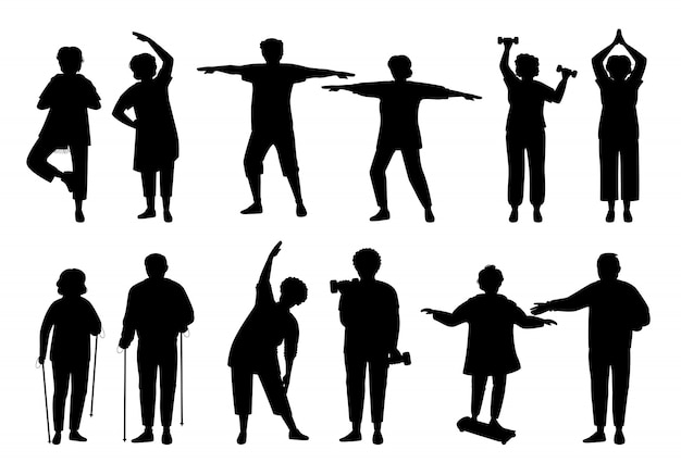 Oude mannen en vrouwen zwart-wit. Gezonde actieve levensstijl ouderen, zwart silhouet set. Glyph ouderen doen ochtendoefeningen, gymnastiek