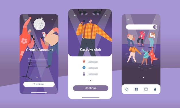 Oude mensen zingen in karaoke club mobiele app-pagina onboard-schermsjabloon senioren zingen met microfoons