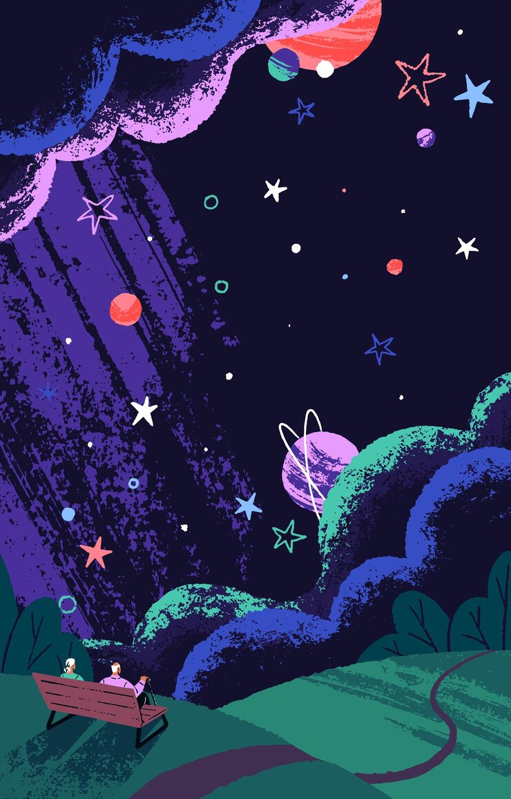 Vector oude mensen zitten op een bank en kijken omhoog naar de nachtelijke hemel oude echtpaar bewondert sterren geniet van een sterrenbeeld universum kosmos verstand planeten avond park landschap dromen concept platte vector illustratie