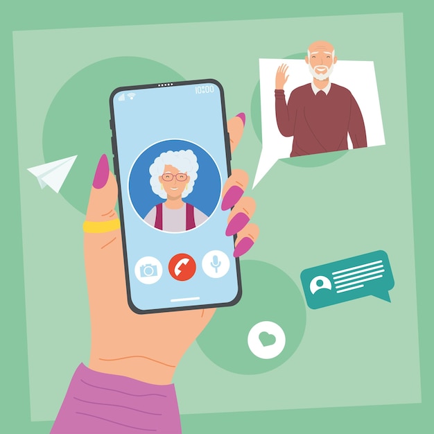 Oude ouders communiceren in smartphone
