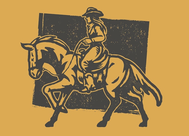 Oude persstijl van cowgirl die het paard berijdt
