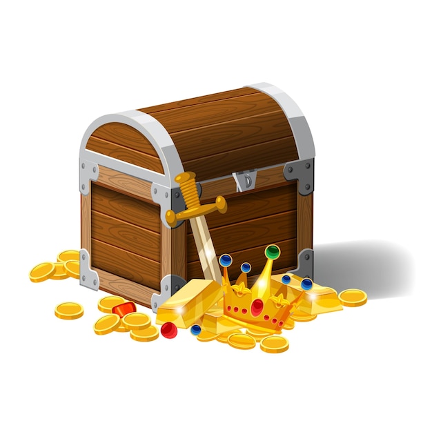 Oude piraten kist vol schatten gouden munten blokken sieraden kroon dolk vector cartoon stijl