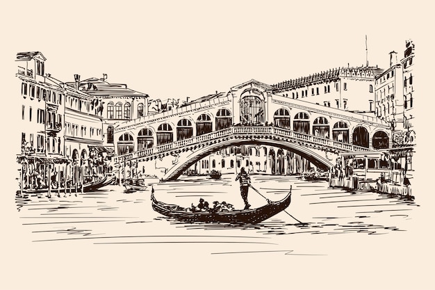 Oude Rialtobrug over het Canal Grande in Venetië. Vector tekening.