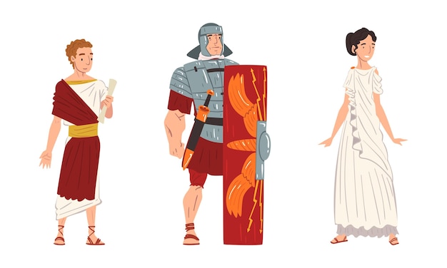 Oude Romeinse soldaat of Griekse krijger en vrouw in lange tuniek staande vector set