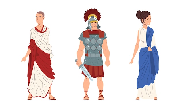 Oude Romeinse soldaat of Griekse krijger en vrouw in lange tuniek staande vector set