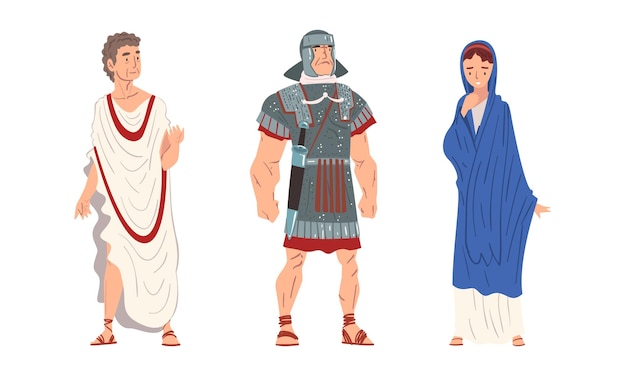 Oude Romeinse soldaat of Griekse krijger en vrouw in lange tuniek staande vector set