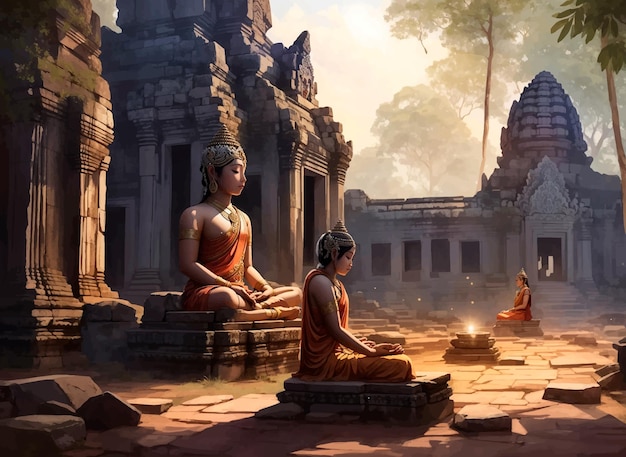 Vector oude ruïnes van angkor majestueuze spiritualiteit biddende illustratie