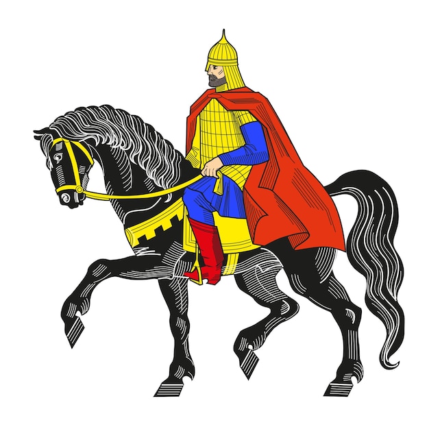 Vector oude russische ridder met pantser en helm op paardheraldryhand getrokken vectorillustratie