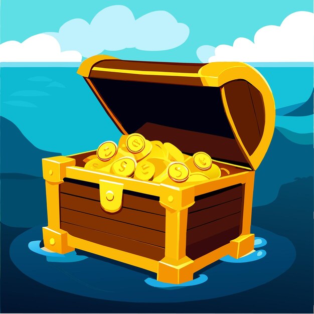 Oude schatkist met geld op de zeebodem vector illustratie