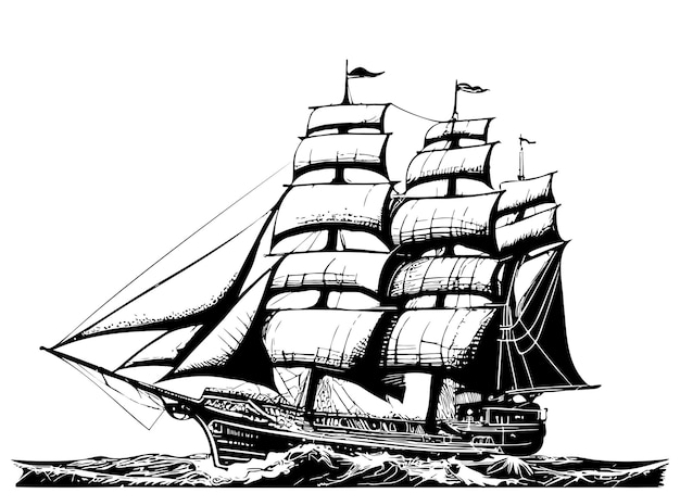 Oude schip zeilboot zee fregat hand getrokken schets Vector illustratie Vervoer over water