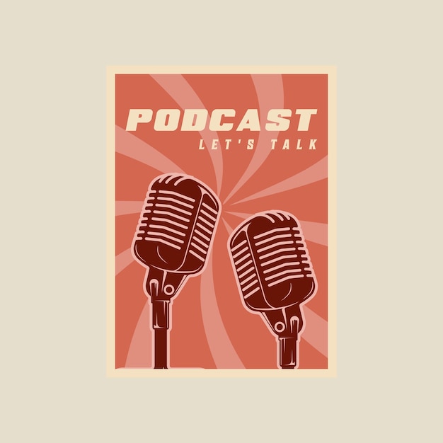 Oude stand microfoon vector poster vintage eenvoudige illustratie sjabloon grafisch ontwerp podcast banner show voor uitzending concept met retro stijl