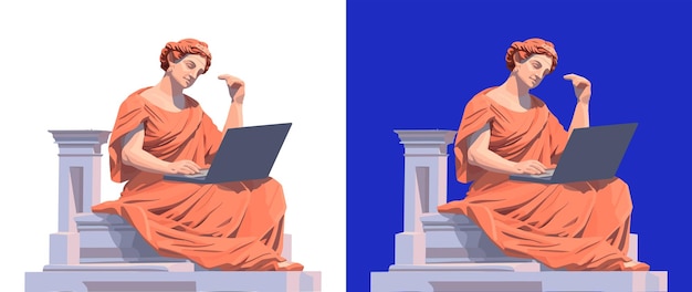 Vector oude stenen griekse vrouw standbeeld bezig met laptop pastel tekening poster set vector illustratie generatieve ai vrouwelijke romeinse sculptuur gebruik computer pc op marmeren voetstuk geïsoleerd op transparant