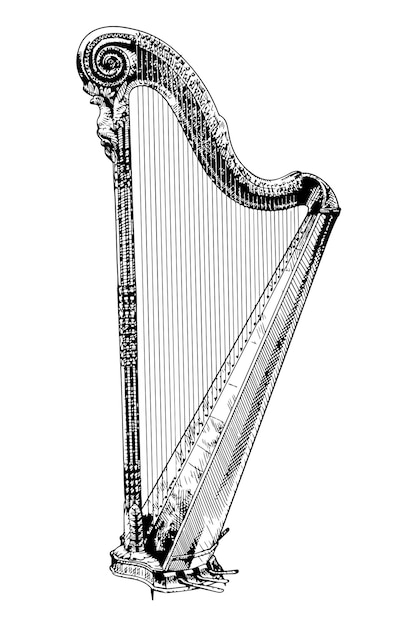 Vector oude stijlillustratie van de harp van het muziekinstrument