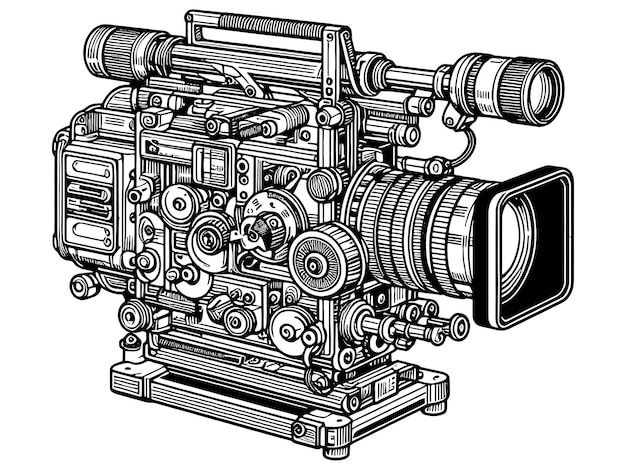Oude videocamera met een complex mechanisme schetsbord imitatie vector generatieve ai