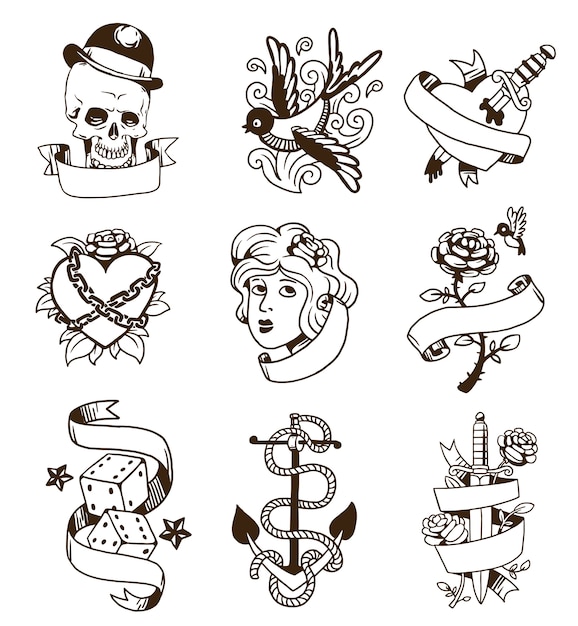 Vector oude vintage tattoo set.