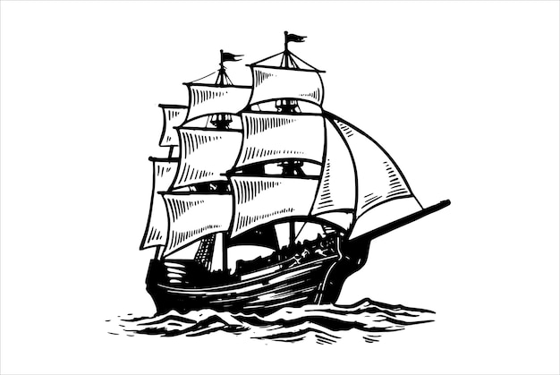 Oude vintage zeilboot Hand getrokken vectorschets