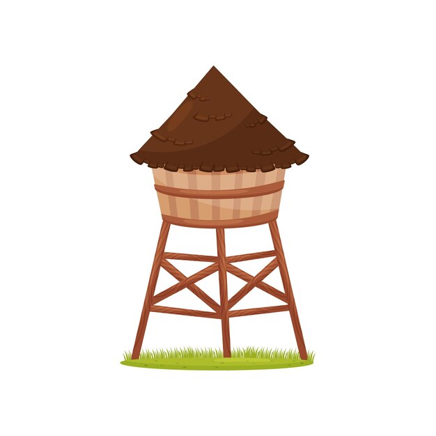 Oude watertoren op een houten stand boerderijconstructie element voor landelijk landschap grafisch element voor mobiel spel of kinderboek kleurige platte vectorillustratie geïsoleerd op witte achtergrond