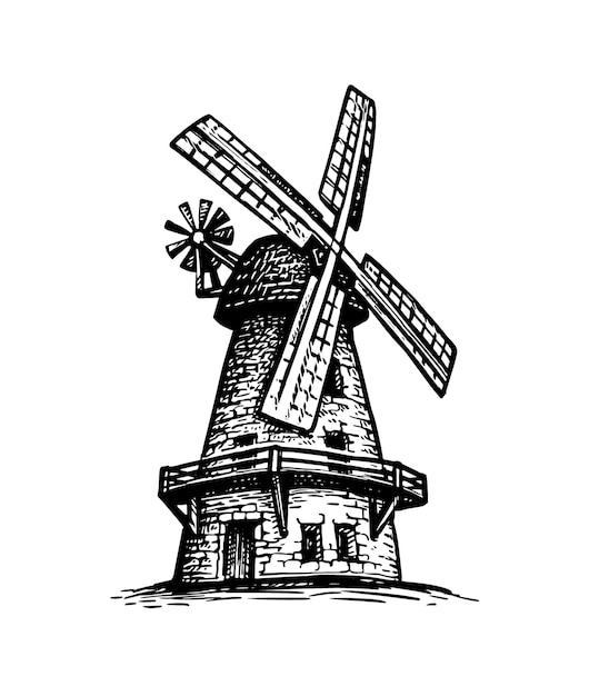 Oude windmolen. Hand getekende ink schets.