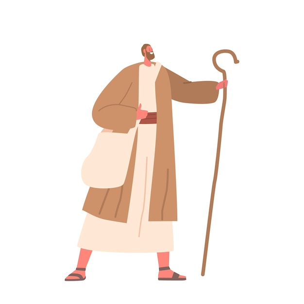 Oude zwerver met staf mannelijk karakter gewapend met een trouwe staf als symbool van begeleiding en veerkracht tijdens de reis
