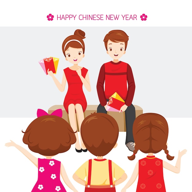 Ouder rode enveloppen geven aan kinderen, traditionele viering, China, gelukkig Chinees Nieuwjaar
