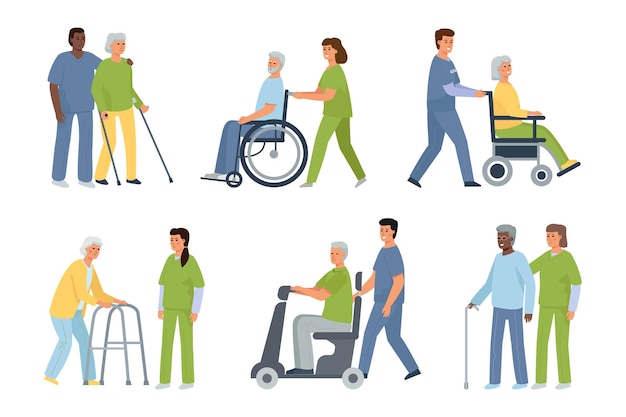 Oudere gehandicapte patiënten en verpleegkundige en verzorger