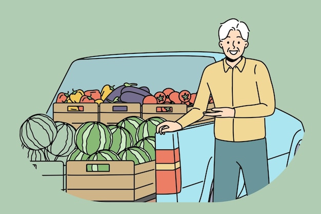 Oudere man boer staat bij de auto met vers fruit en groenten die gezond voedsel verkoopt op de boerderij kermis grijsharen boer met een glimlach die biologische watermeloenen toont die zonder pesticiden zijn gekweekt