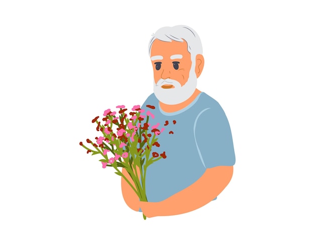 Oudere man met een boeket bloemen. Oude mensen.