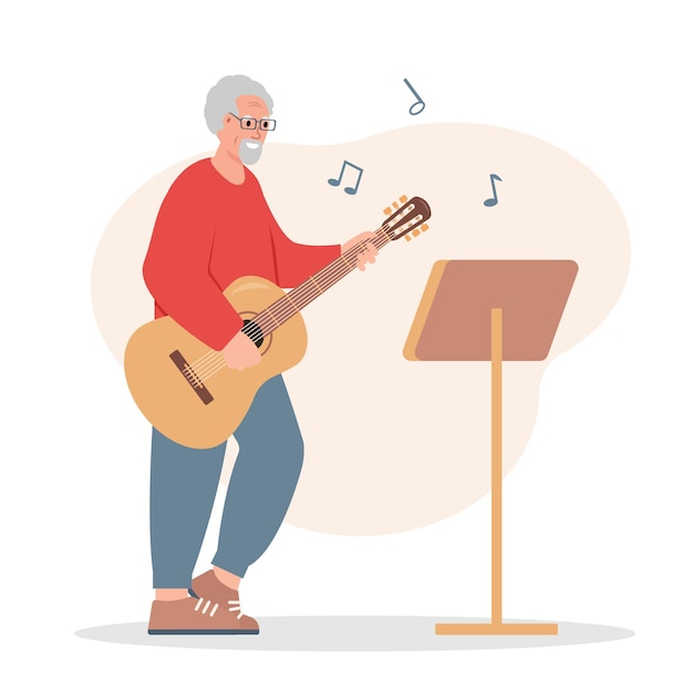 Vector oudere man muzikant gitaarspelen senior mensen actieve levensstijl en creatieve hobby