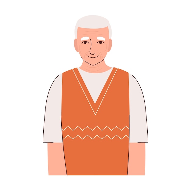 Oudere man senior in een t-shirt en vest oude mensen avatar portret platte vectorillustratie geïsoleerd