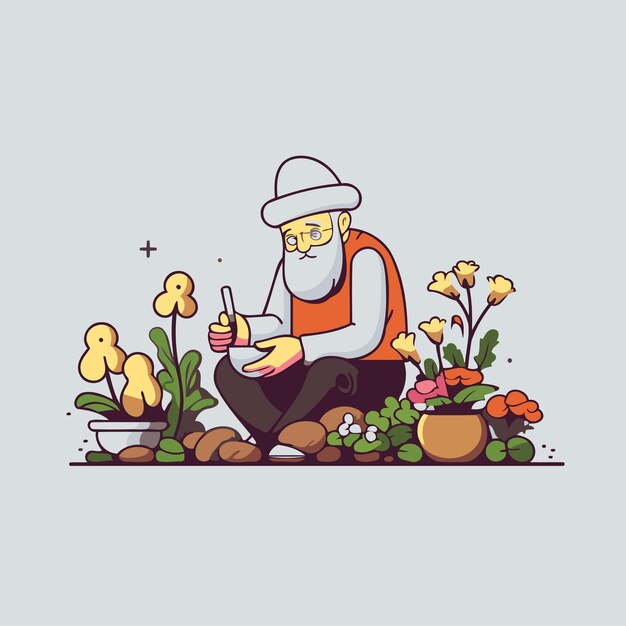 Oudere man tuinieren Platte stijl vector illustratie op grijze achtergrond