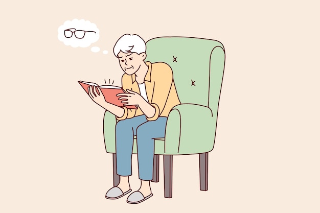 Oudere man zit in stoel leesboek denkt na over de noodzaak om een bril te kopen om te zien Vector afbeelding