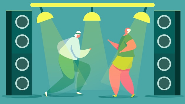 Oudere mannen dansen in club, actieve senior mensen, vectorillustratie