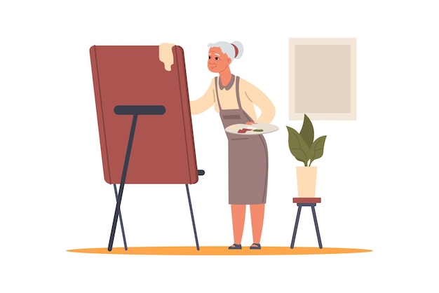 Oudere mensen Oudere cartoonpersonages tekenen met easel en palette Ouma's vrije tijd Gepensioneerde persoon hobby Oude schilder Pensionnaire vrouw activiteiten Vector illustratie