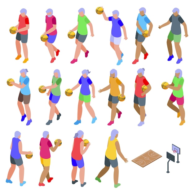 Oudere mensen spelen basketbal pictogrammen instellen isometrische vector oude man sport