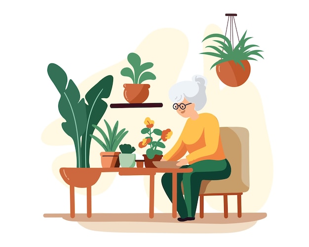 Oudere of oude vrouw kweekt en water bloemen thuis potplanten