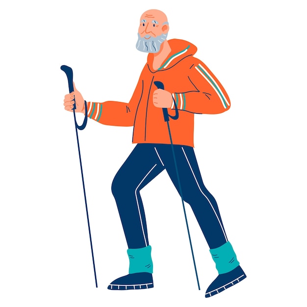 Oudere senior man op nordic walk training platte vectorillustratie geïsoleerd op een witte background