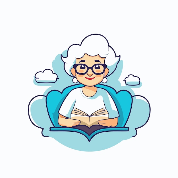 Oudere vrouw die een boek leest in de wolken Vector illustratie