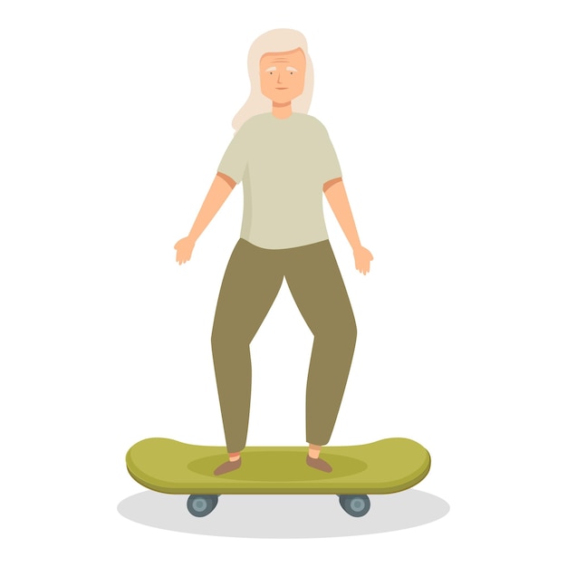 Oudere vrouw die op een skateboard staat en het evenwicht behoudt