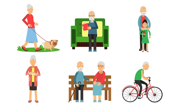 Oudere vrouw eet, loopt met een hond, fietst, opa leest een boek in een fauteuil, knuffelt zijn kleindochter, een paar oudere burgers zitten op een bankje en praten.