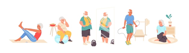 Ouderen cartoon personages houden fit genieten van yoga of training met dumbbells springen touw