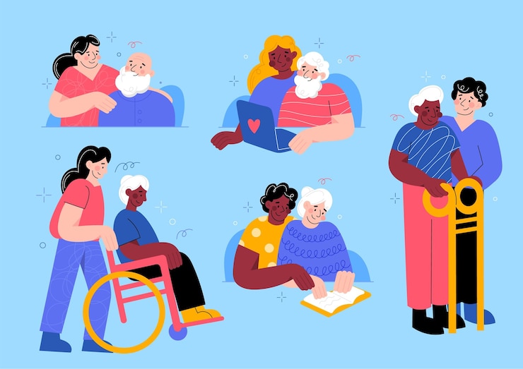 Vector ouderen die voor ouderen zorgen sociale dienstverleners helpen ouderen verzorgers en afdelingen cartoonpersonages verpleegsters of vrijwilligers lopen en communicatie grootmoeder in rolstoel vector geïsoleerde set