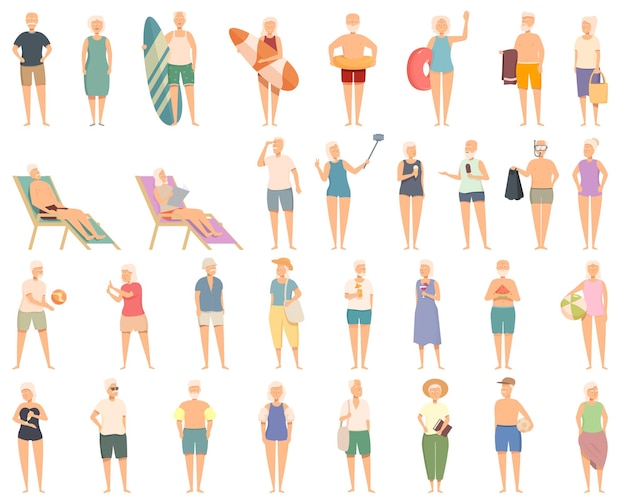 Vector ouderen op het strand iconen set cartoon vector actieve senior age familie