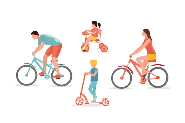 Ouders en kinderen fietsen, driewieler en step